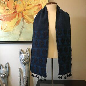 Anthropologie Pompom Tassel Trim Cozy Peacock Blue Wool Scarf